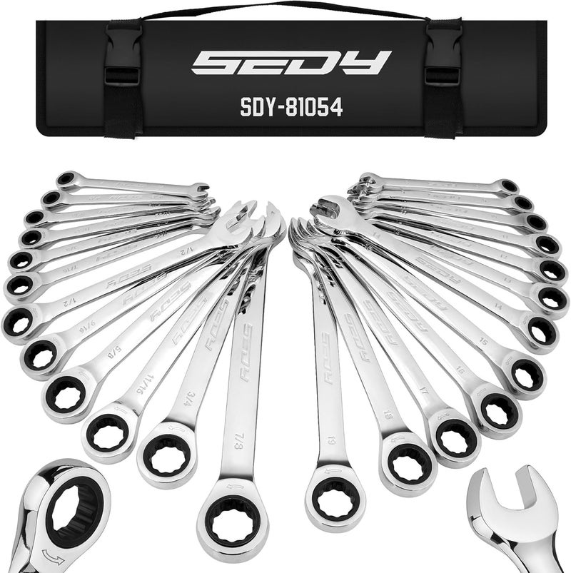 SEDY Premium 24-Piece Ratcheting Wrench Set, SAE & Metric Combination Wrenches, 8-19mm / 1/4"-7/8", 72-Tooth Ratchet Spanners, Chrome Vanadium Steel with Roll-Up Pouch for Mechanics - Image 1